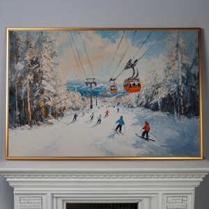 Lienzo enmarcado con remonte de estación de esquí, impresión de pintura de paisaje invernal, decoración del hogar, regalo para esquiadores imagen 3