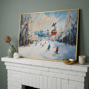 Lienzo enmarcado con remonte de estación de esquí, impresión de pintura de paisaje invernal, decoración del hogar, regalo para esquiadores imagen 12