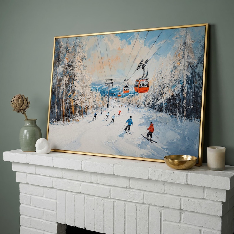 Lienzo enmarcado con remonte de estación de esquí, impresión de pintura de paisaje invernal, decoración del hogar, regalo para esquiadores imagen 12