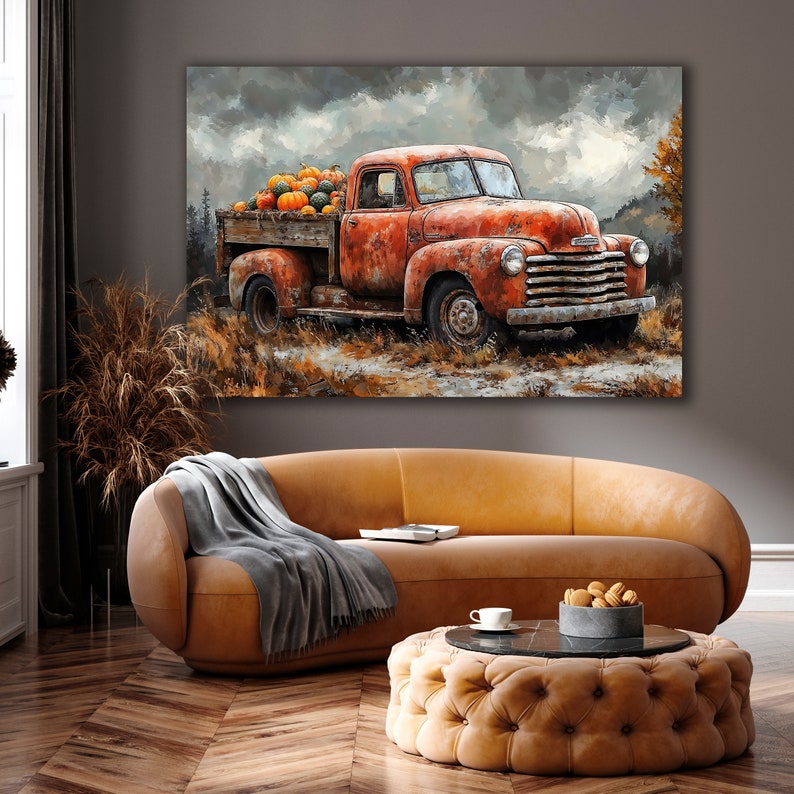 Halloween Pumpkin Truck Canvas Wall Art Rustic Red Pickup Decor Farm