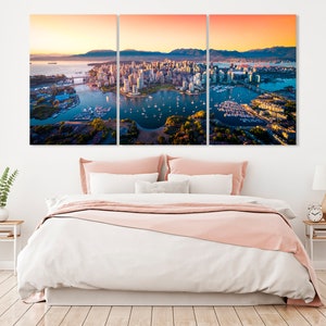 Art mural de Vancouver, Canada, horizon de Vancouver, Canada au coucher du soleil, décoration d'intérieur de Vancouver, horizon de la ville, décor canadien, paysage urbain du Canada, toile d'art image 3