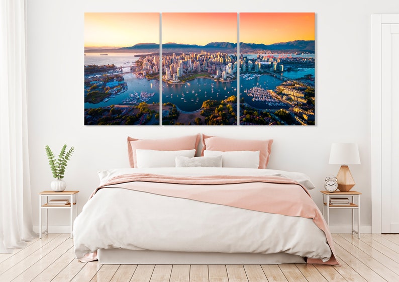 Art mural de Vancouver, Canada, horizon de Vancouver, Canada au coucher du soleil, décoration d'intérieur de Vancouver, horizon de la ville, décor canadien, paysage urbain du Canada, toile d'art image 3