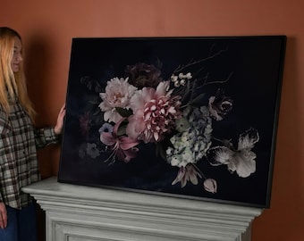 Dark Floral Peony Canvas Print, Botanical Bouquet Wall Art