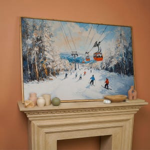 Lienzo enmarcado con remonte de estación de esquí, impresión de pintura de paisaje invernal, decoración del hogar, regalo para esquiadores imagen 8