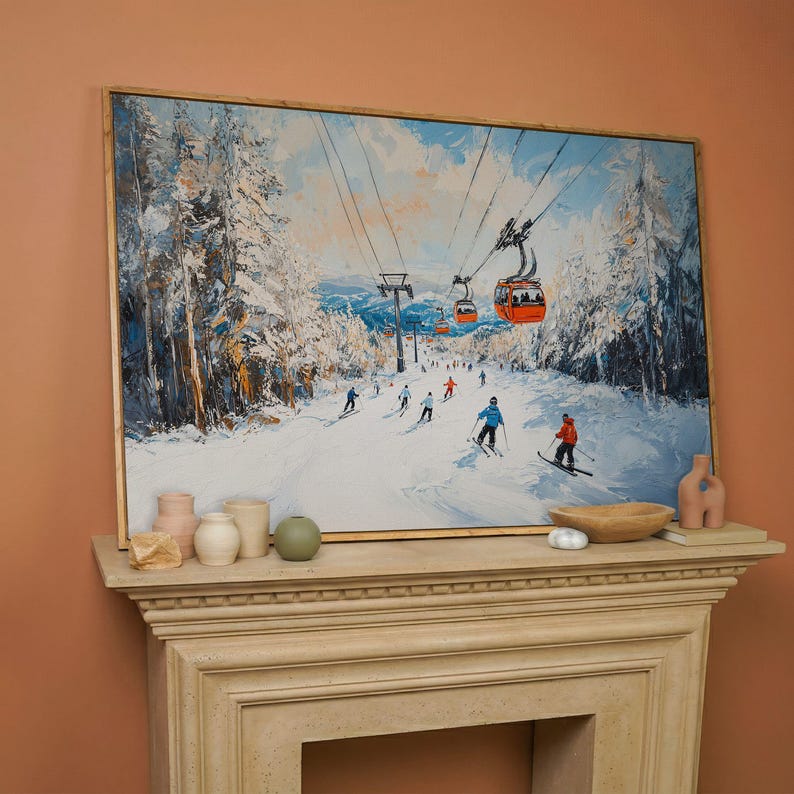 Lienzo enmarcado con remonte de estación de esquí, impresión de pintura de paisaje invernal, decoración del hogar, regalo para esquiadores imagen 8