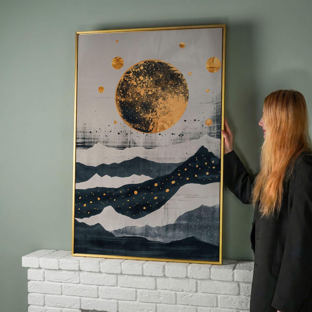 Golden Moon Abstract Mountains Canvas Print, Celestial Layered Wall Art ...