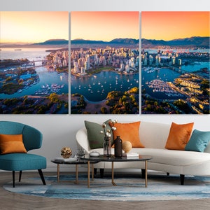 Art mural de Vancouver, Canada, horizon de Vancouver, Canada au coucher du soleil, décoration d'intérieur de Vancouver, horizon de la ville, décor canadien, paysage urbain du Canada, toile d'art image 1