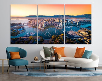 Art mural de Vancouver, Canada, horizon de Vancouver, Canada au coucher du soleil, décoration d'intérieur de Vancouver, horizon de la ville, décor canadien, paysage urbain du Canada, toile d'art