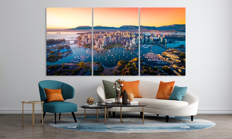 Art mural de Vancouver, Canada, horizon de Vancouver, Canada au coucher du soleil, décoration d'intérieur de Vancouver, horizon de la ville, décor canadien, paysage urbain du Canada, toile d'art image 1