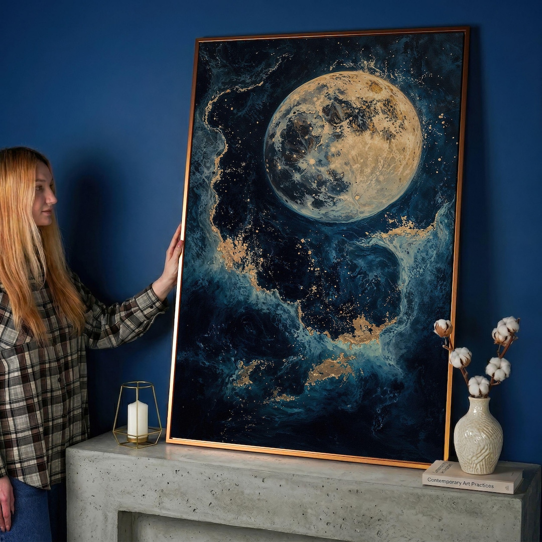Abstract Moon Canvas Wall Art, Cosmic Sky Painting Print, Celestial ...