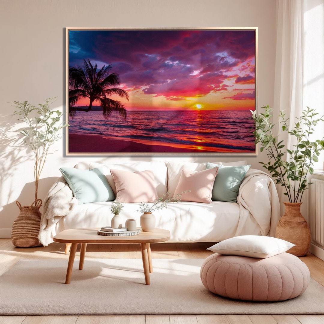 Beautiful Sunset Canvas Wall Art Tropical Beach With Palm Tree and Pink ...