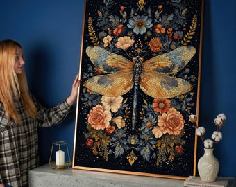 Dragonfly Floral Botanical Art – Framed Canvas Print, Nature Wall Decor