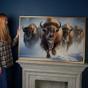 Buffalo Running Snowy Field Canvas Wall Art, Rustic Bison Farmhouse Decor