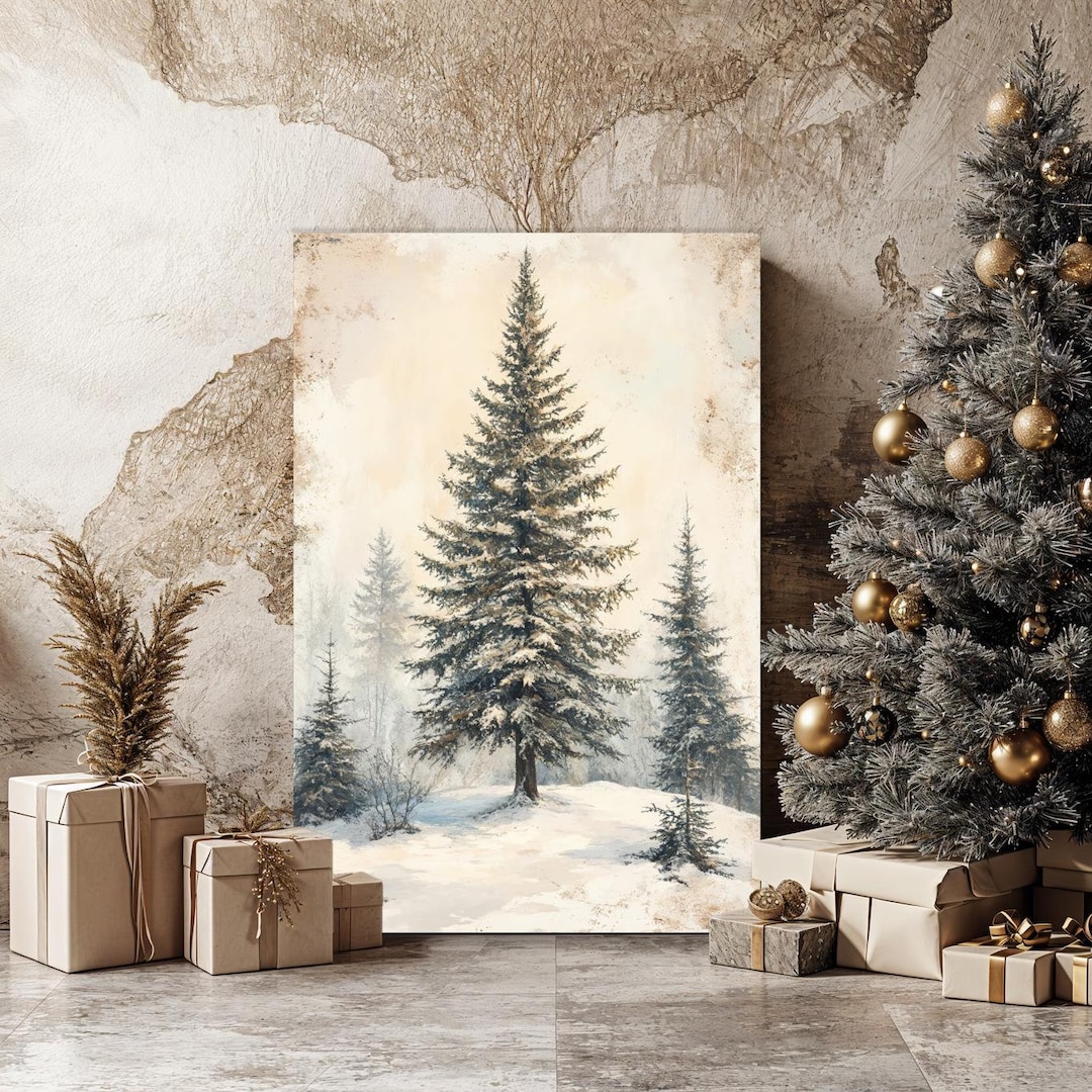Evergreen Snowy Pine Tree Canvas Wall Art Winter Forest Landscape ...