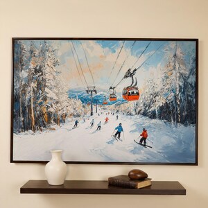 Lienzo enmarcado con remonte de estación de esquí, impresión de pintura de paisaje invernal, decoración del hogar, regalo para esquiadores imagen 9