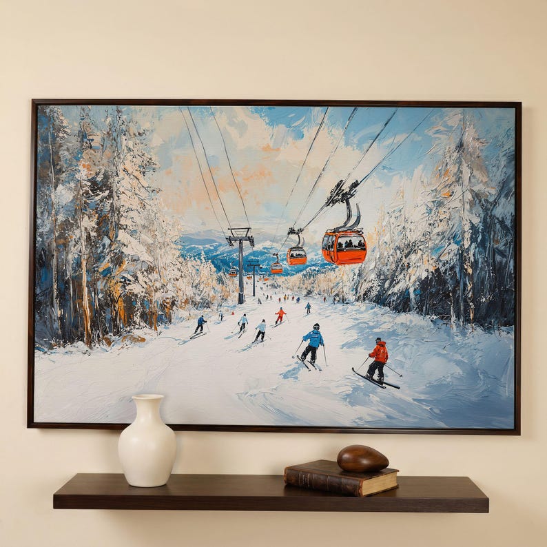 Lienzo enmarcado con remonte de estación de esquí, impresión de pintura de paisaje invernal, decoración del hogar, regalo para esquiadores imagen 9