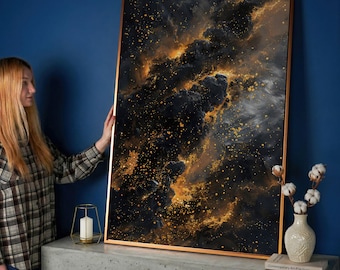 Abstract Galaxy Canvas Art, Gold Stars Cosmic Painting, Mysterious Universe Wall Decor