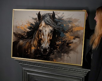 Beautiful Stunning Brown Horse Oil Painting Print on Canvas Rustic Farmhouse Decor Equestrian Rural Art horse lover gift Large Wall Art