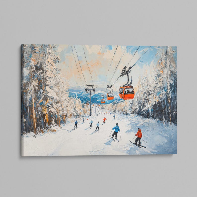 Lienzo enmarcado con remonte de estación de esquí, impresión de pintura de paisaje invernal, decoración del hogar, regalo para esquiadores imagen 5