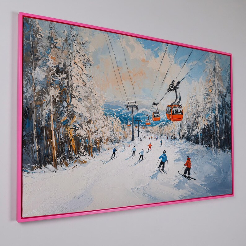Lienzo enmarcado con remonte de estación de esquí, impresión de pintura de paisaje invernal, decoración del hogar, regalo para esquiadores imagen 15