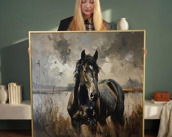 May include: A framed painting depicting a black horse in a field. The artwork shows a dark horse with a white spot on its forehead, set against a backdrop of muted tones and tall grass. The frame is gold.