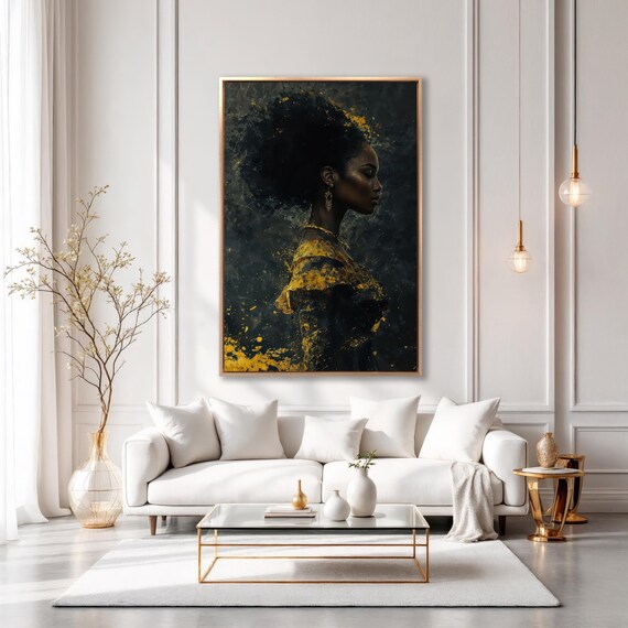 Portrait of Woman with Gold Accents Canvas Wall Art African American Beauty Print Feminine Wall Decor Abstract Fashion Poster Ready to Hang