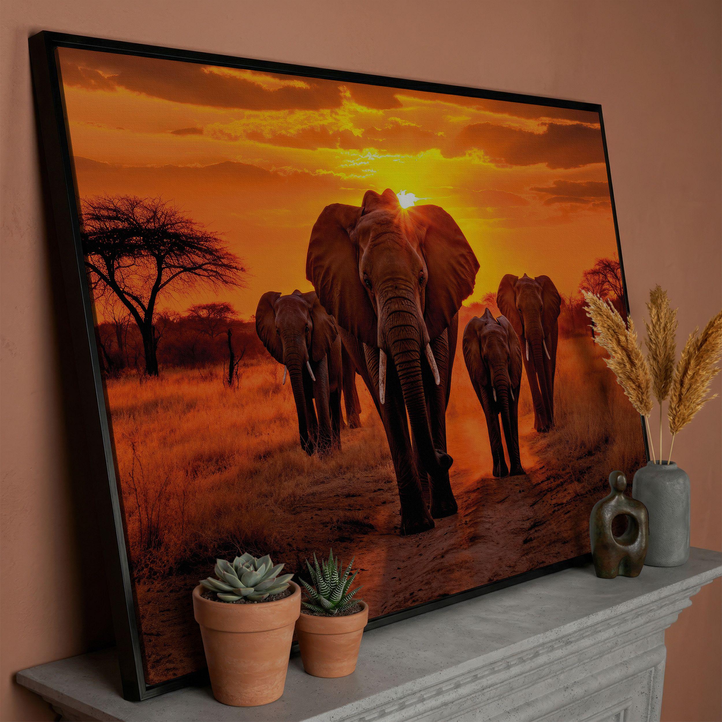 African Elephants Sunset Savanna Canvas Wall Art - Family Animal Decor ...