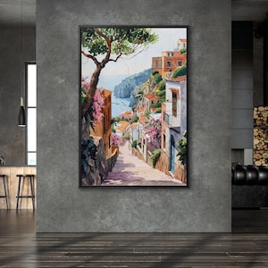 Mediterranean Village Canvas Wall Art Coastal View Watercolor Painting ...