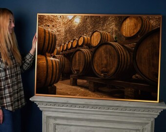 Impresión en lienzo de envejecimiento en barricas de roble de bodega: decoración de bodegas, póster de elaboración de vino
