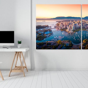 Art mural de Vancouver, Canada, horizon de Vancouver, Canada au coucher du soleil, décoration d'intérieur de Vancouver, horizon de la ville, décor canadien, paysage urbain du Canada, toile d'art image 2