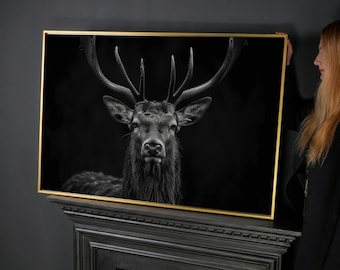 Black and White Stag Canvas Print: Farmhouse Wildlife Antler Wall Art