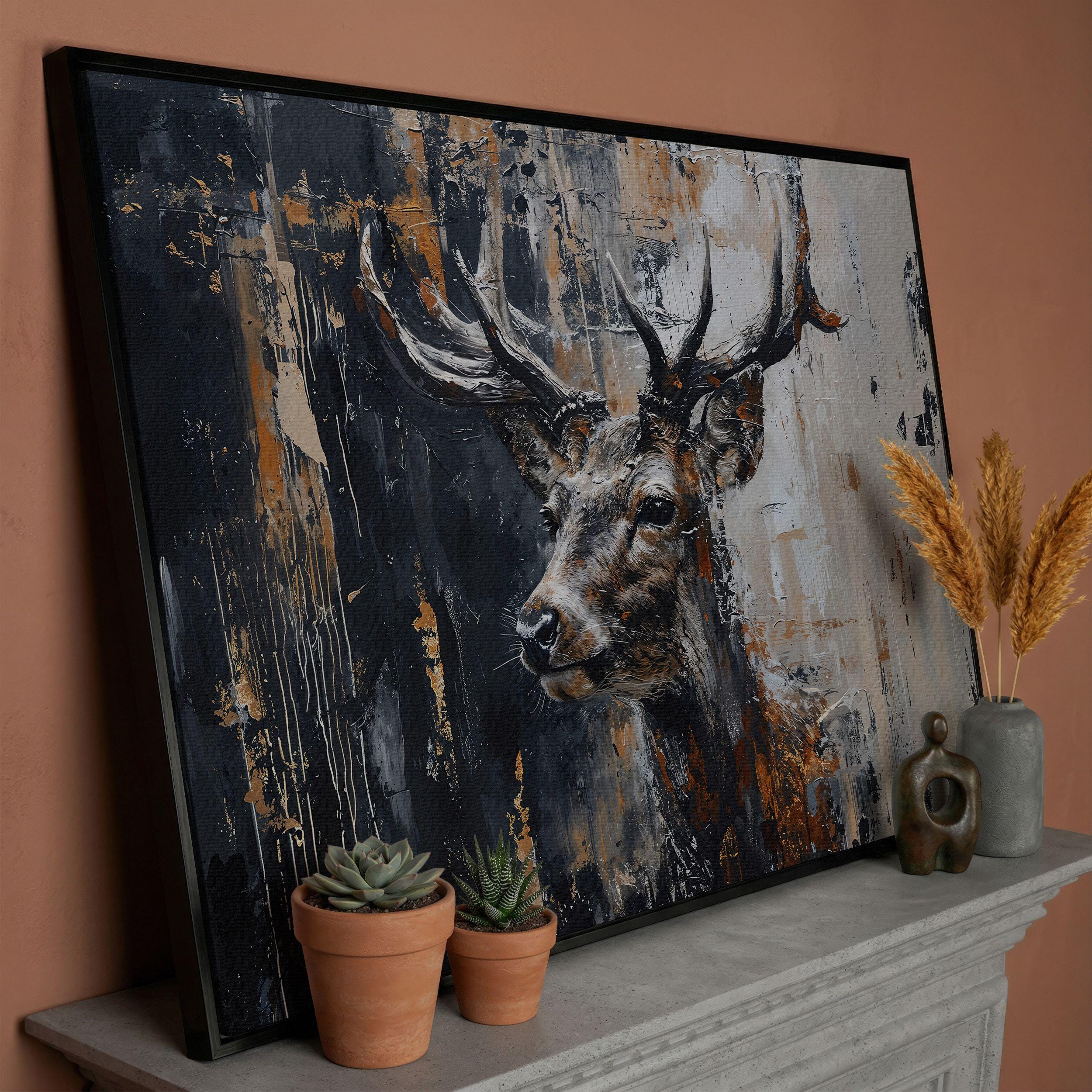 Abstract Stag Painting Print, Black Beige Canvas Wall Art, Deer Decor ...