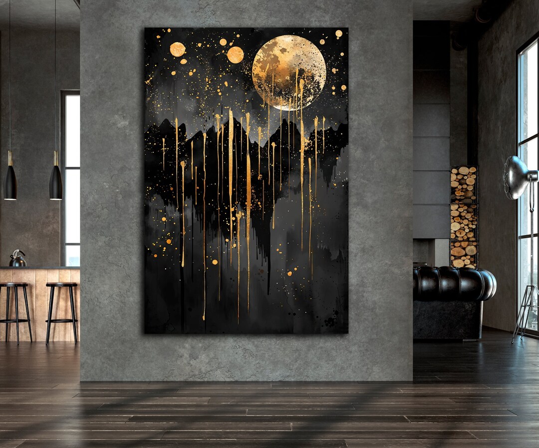 Moonlit Splendor Canvas Wall Art Abstract Gold and Black Dramatic Night