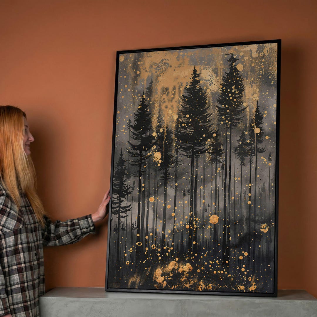 Abstract Gold Black Forest Canvas Art: Starry Night Sky Painting Print ...