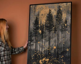 Abstract Gold Black Forest Canvas Art: Starry Night Sky Painting Print