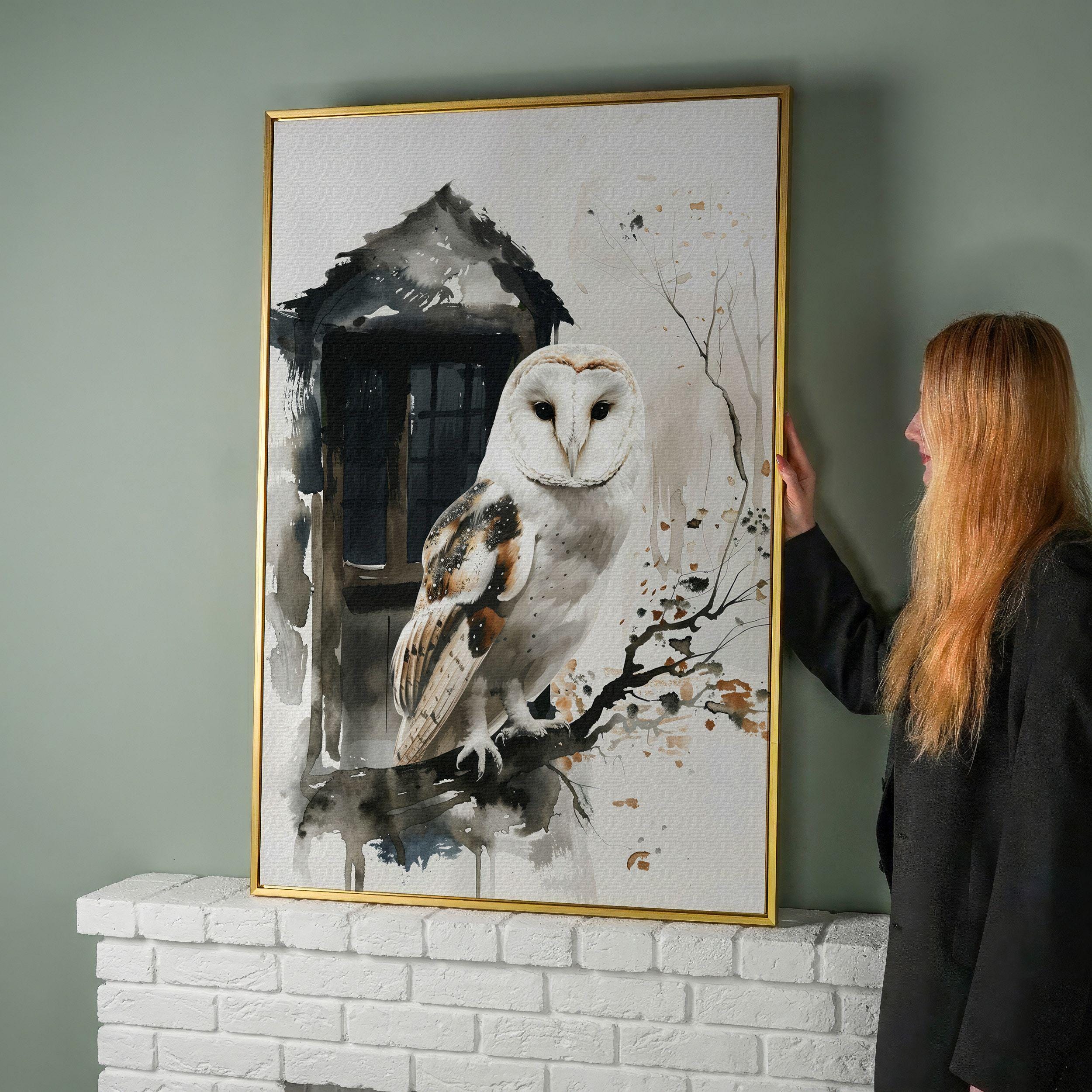 White Owl Watercolor Painting Print: Nocturnal Bird Canvas Wall Art, Abstract Raptor Decor