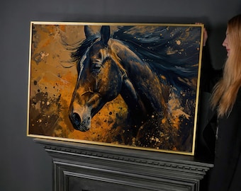 Brown Horse Oil Painting Print: Abstract Equestrian Canvas Wall Art – Rustic Farmhouse Decor