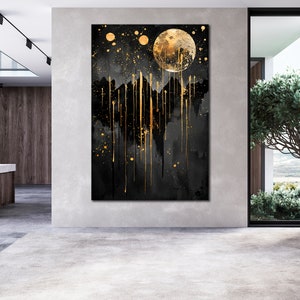 Moonlit Splendor Canvas Wall Art Abstract Gold and Black Dramatic Night