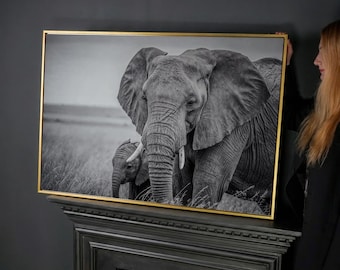 Black and White Elephant Family Canvas Print: Animals in Grass Wall Art