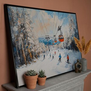 Lienzo enmarcado con remonte de estación de esquí, impresión de pintura de paisaje invernal, decoración del hogar, regalo para esquiadores imagen 4