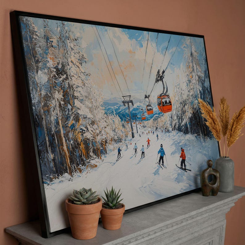 Lienzo enmarcado con remonte de estación de esquí, impresión de pintura de paisaje invernal, decoración del hogar, regalo para esquiadores imagen 4