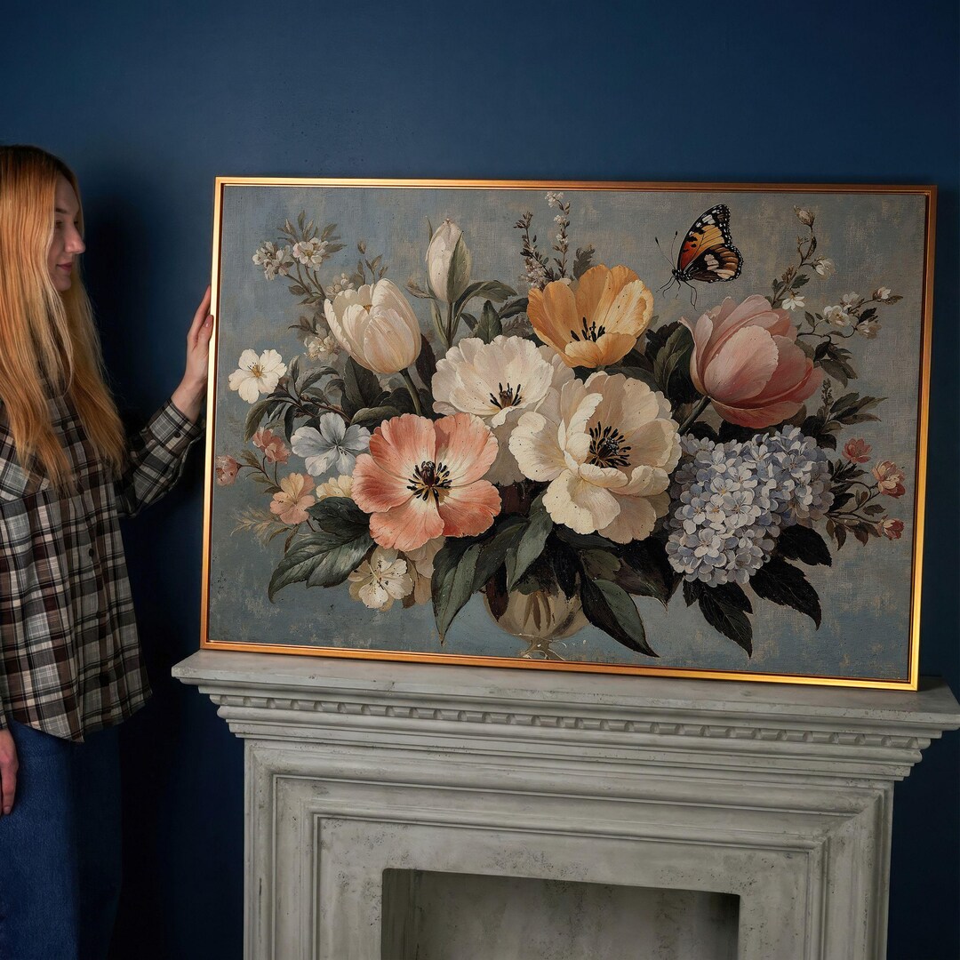Vintage Floral Butterfly Canvas Print – Elegant Botanical Flowers Wall ...