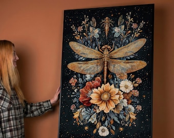 Vintage Botanical Dragonfly Canvas Print – Floral Nature Wall Art, Framed Insect Decor