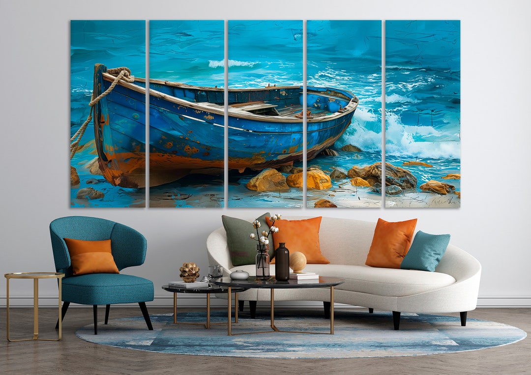 Old Blue Boat Close up on Rocks Canvas Wall Art Boat in the Sea Near ...