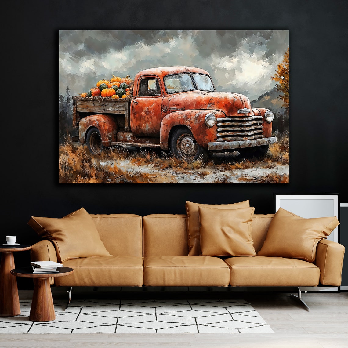 Halloween Pumpkin Truck Canvas Wall Art Rustic Red Pickup Decor Farm