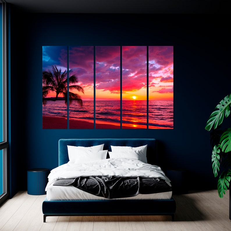 Beautiful sunset Canvas Wall Art tropical beach with palm tree and pink sky for travel and vacation in holiday relax time Ocean Sunset image 5