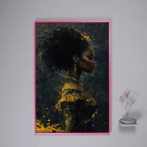 African American Woman Portrait Canvas Art – Gold Accents Abstract Fashion Print Pink Frame