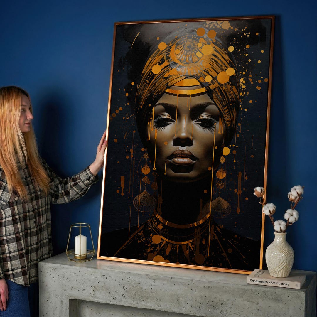 Ethnic African American Woman Canvas Art Print: Black Gold Fashion Wall ...