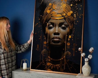 Ethnic African American Woman Canvas Art Print: Black Gold Fashion Wall Decor