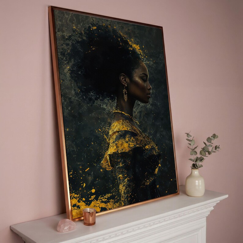 African American Woman Portrait Canvas Art – Gold Accents Abstract Fashion Print Rose Gold Frame